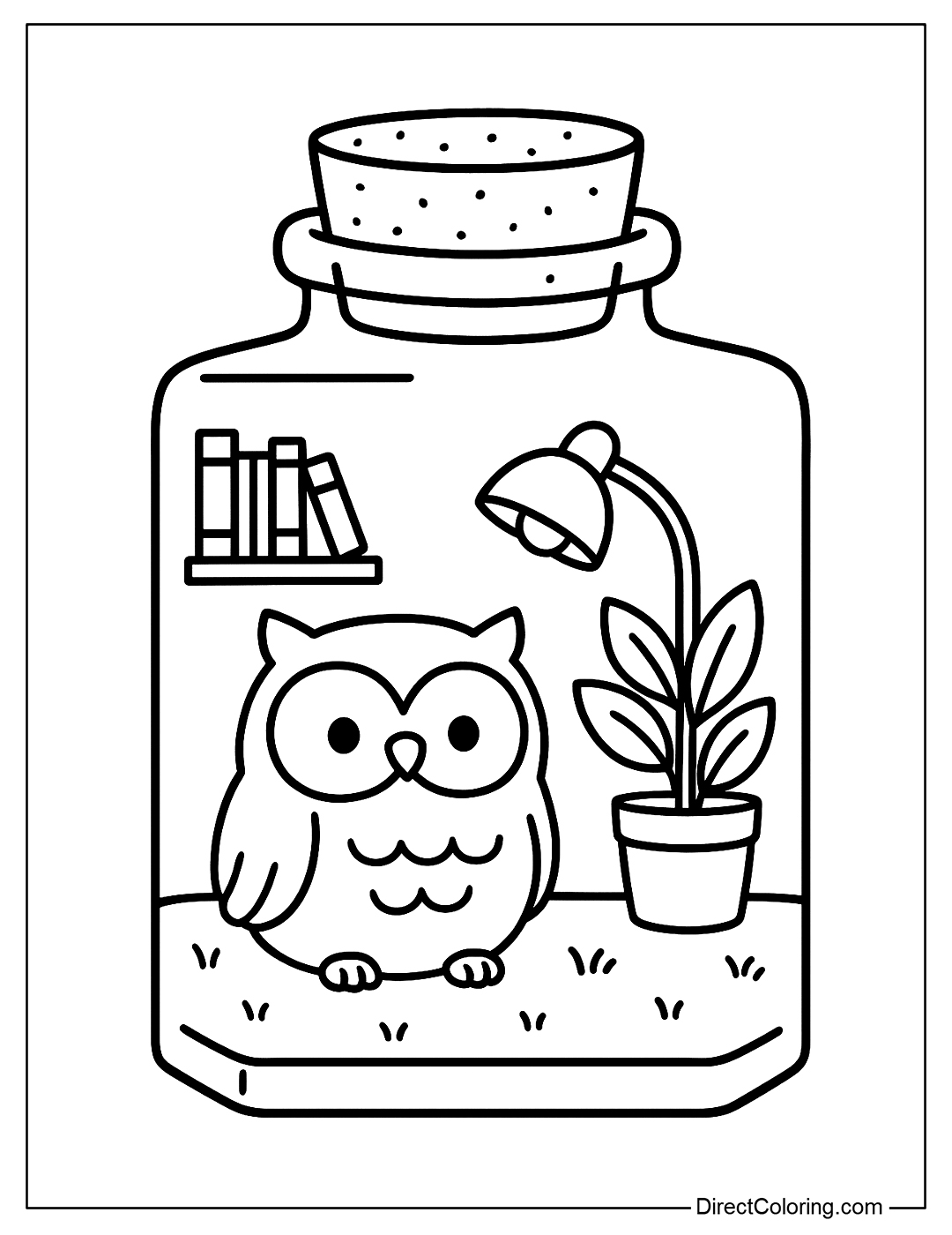 An owl in a jar, complete with a small bookshelf, reading lamp, and greenery